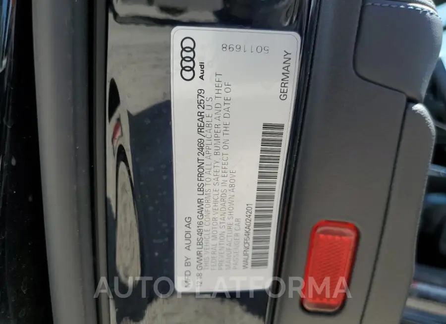 AUDI A5 PRESTIG 2019 vin WAUFNCF54KA024201 from auto auction Copart