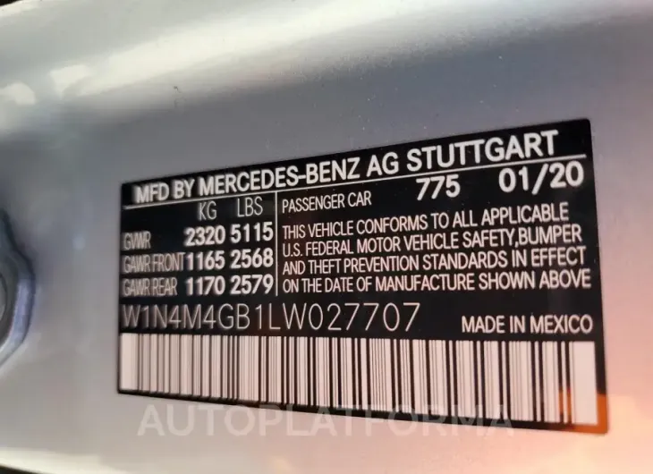 MERCEDES-BENZ GLB 250 2020 vin W1N4M4GB1LW027707 from auto auction Copart