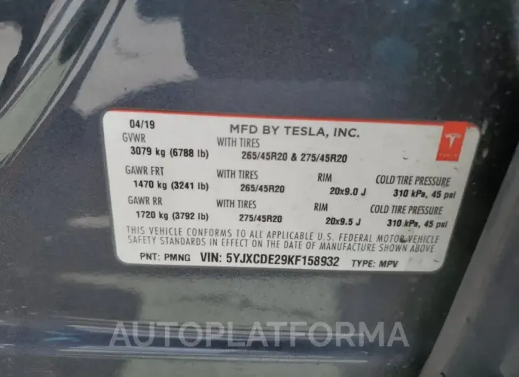 TESLA MODEL X 2019 vin 5YJXCDE29KF158932 from auto auction Copart