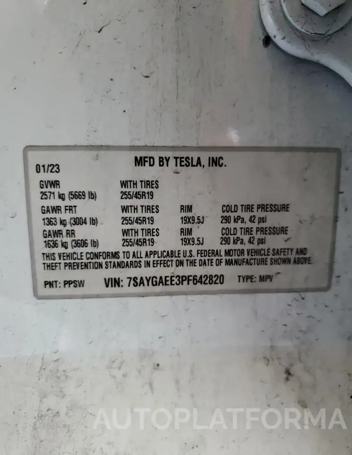 TESLA MODEL Y 2023 vin 7SAYGAEE3PF642820 from auto auction Copart