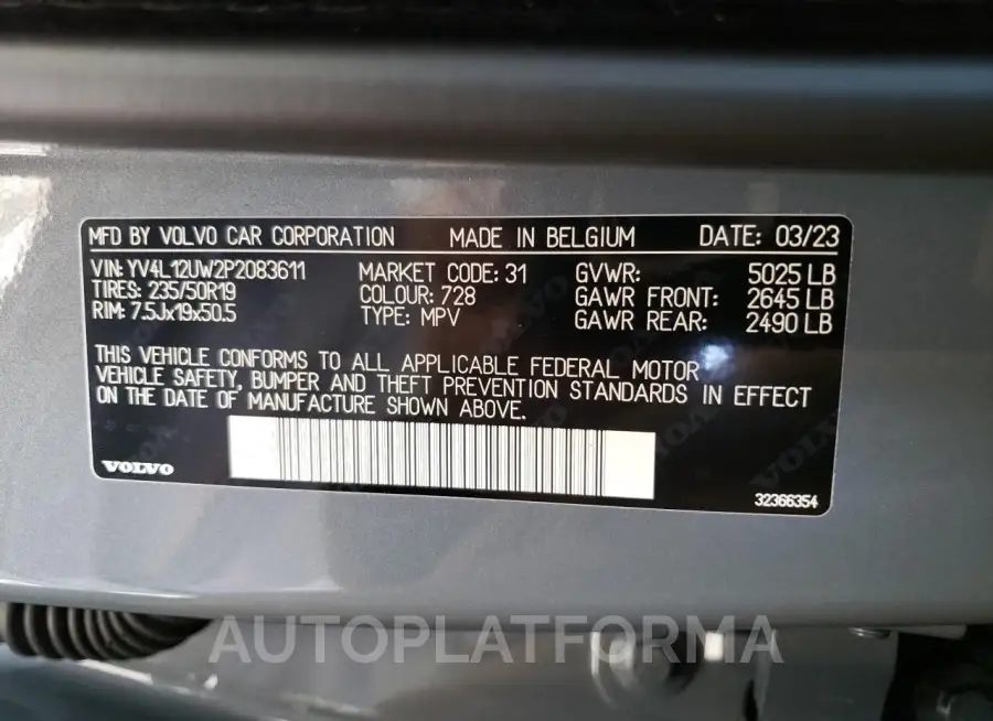 VOLVO XC40 PLUS 2023 vin YV4L12UW2P2083611 from auto auction Copart