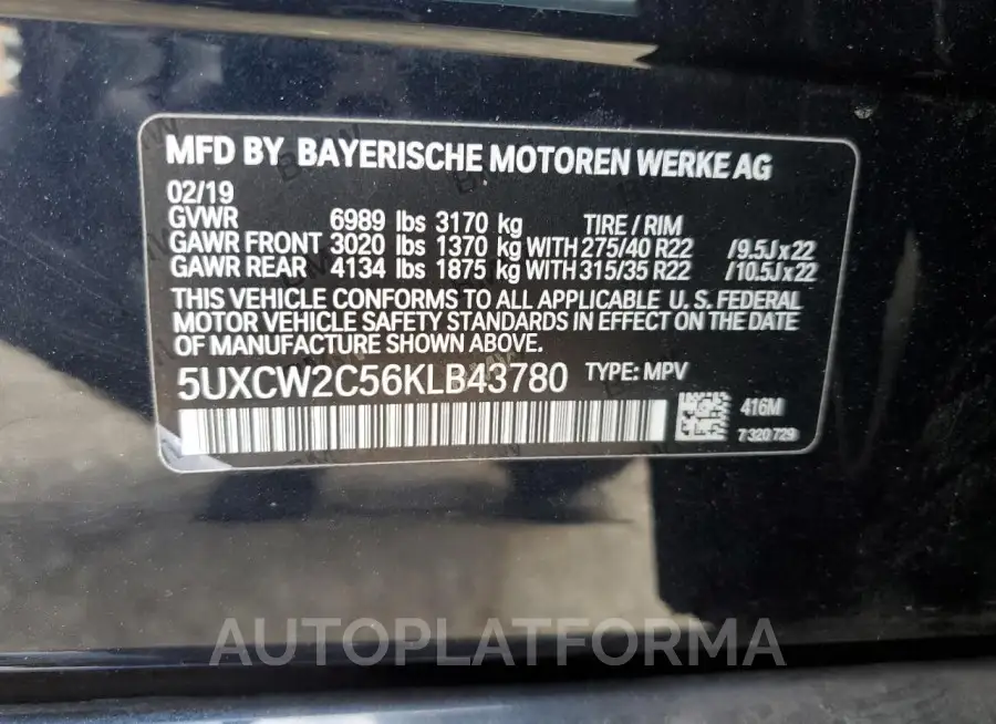 BMW X7 XDRIVE4 2019 vin 5UXCW2C56KLB43780 from auto auction Copart