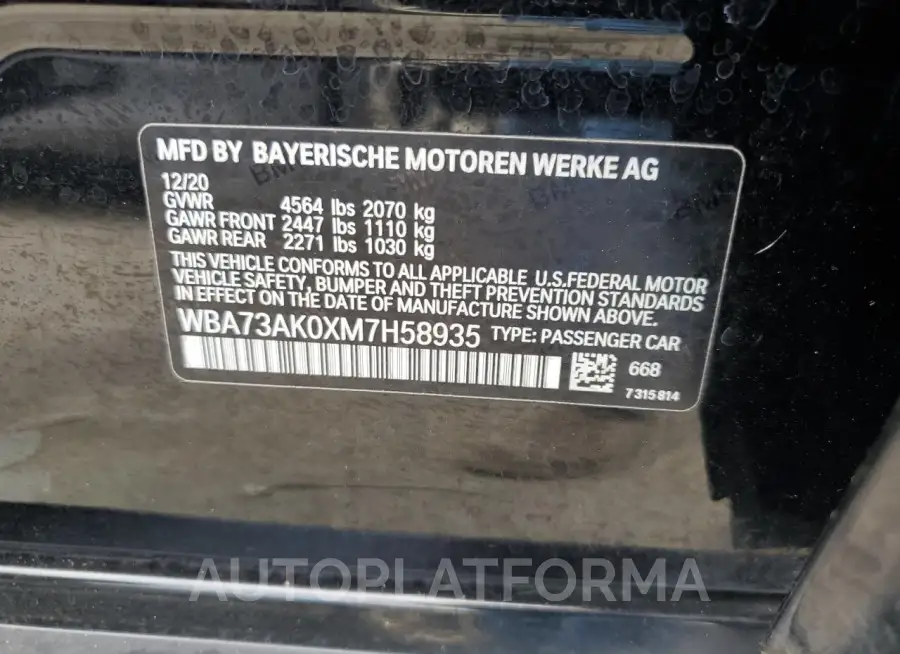 BMW 228XI 2021 vin WBA73AK0XM7H58935 from auto auction Copart