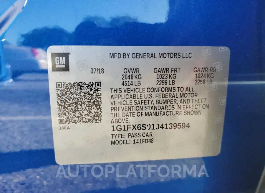 CHEVROLET BOLT EV PR 2018 vin 1G1FX6S01J4139594 from auto auction Copart