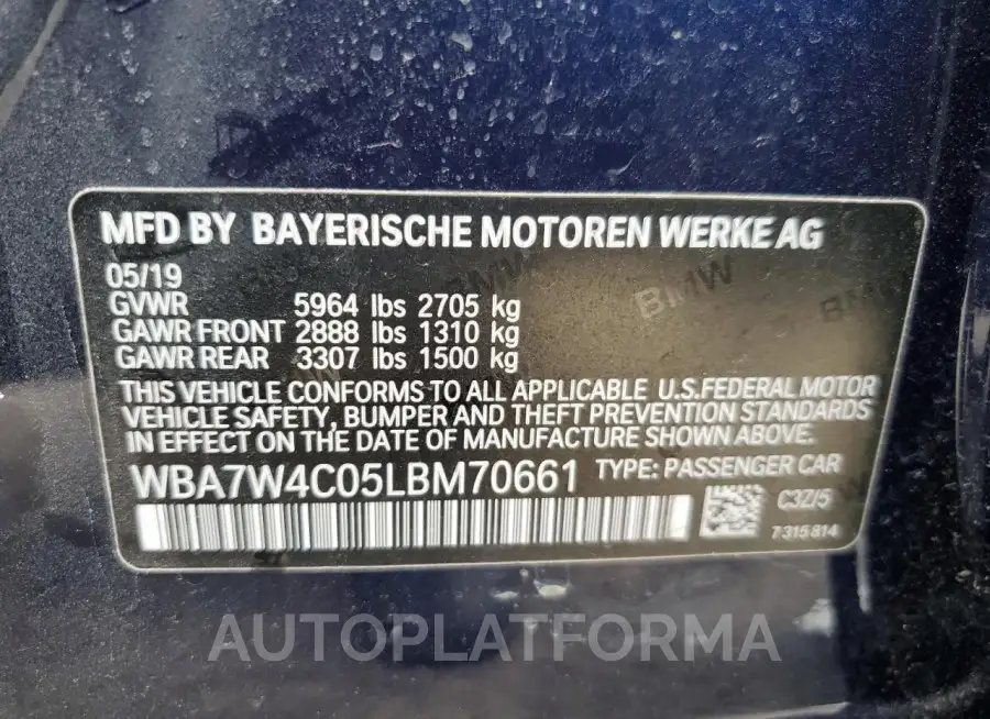 BMW 745XE 2020 vin WBA7W4C05LBM70661 from auto auction Copart