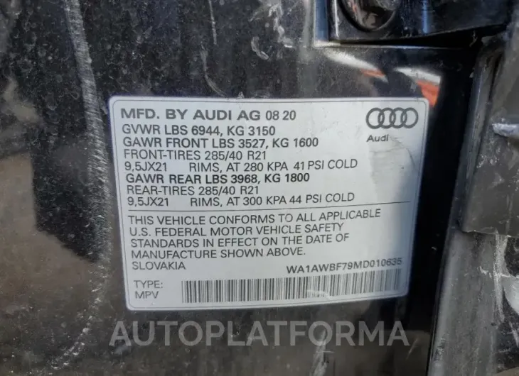 AUDI SQ7 PREMIU 2021 vin WA1AWBF79MD010635 from auto auction Copart