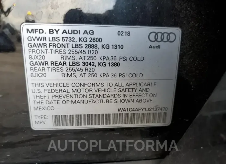 AUDI SQ5 PRESTI 2018 vin WA1C4AFY1J2137470 from auto auction Copart