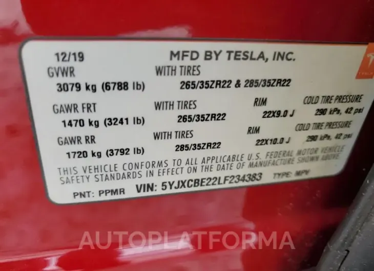 TESLA MODEL X 2020 vin 5YJXCBE22LF234383 from auto auction Copart