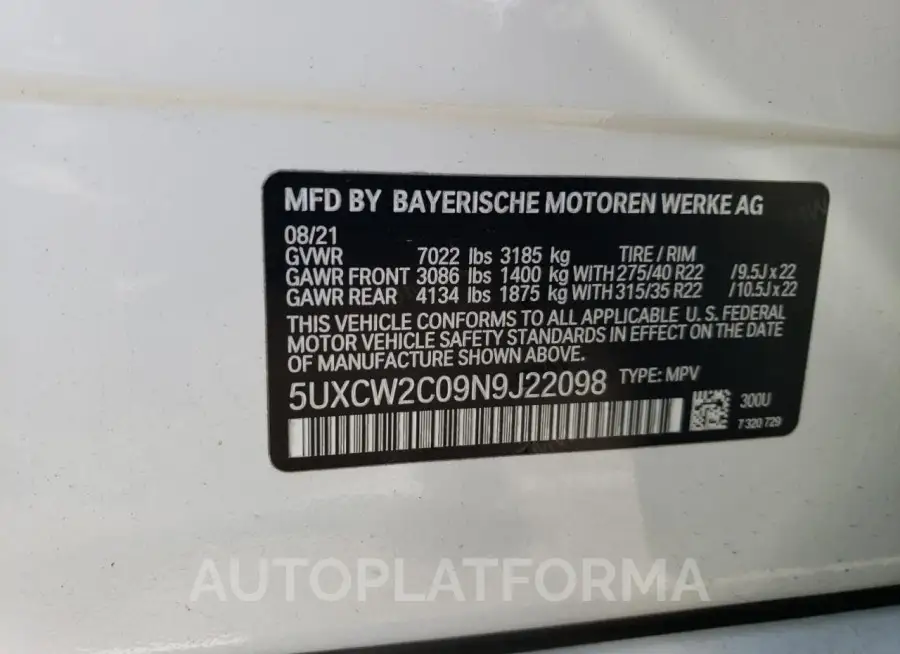 BMW X7 XDRIVE4 2022 vin 5UXCW2C09N9J22098 from auto auction Copart