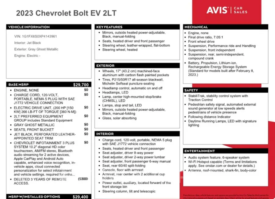 CHEVROLET BOLT EV 2L 2023 vin 1G1FX6S0XP4143961 from auto auction Copart