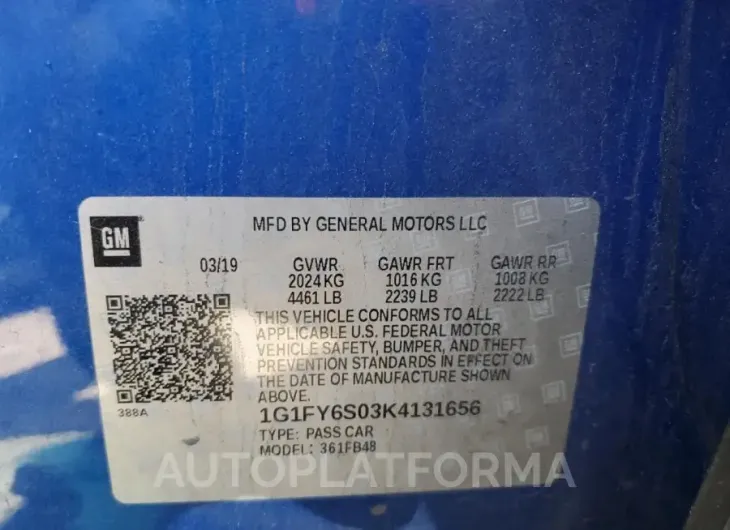 CHEVROLET BOLT EV LT 2019 vin 1G1FY6S03K4131656 from auto auction Copart