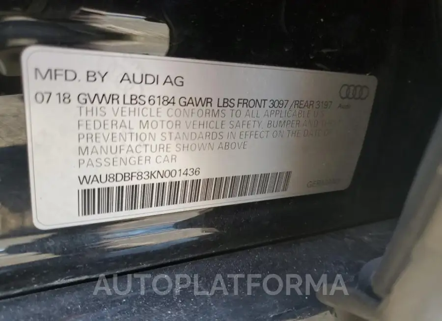 AUDI A8 L 2019 vin WAU8DBF83KN001436 from auto auction Copart