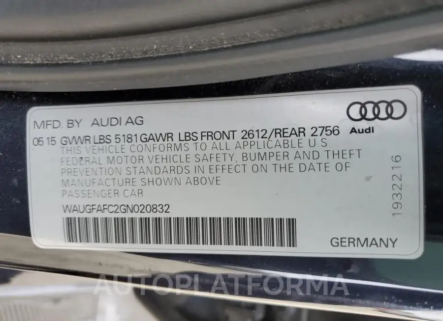 AUDI A6 PREMIUM 2016 vin WAUGFAFC2GN020832 from auto auction Copart