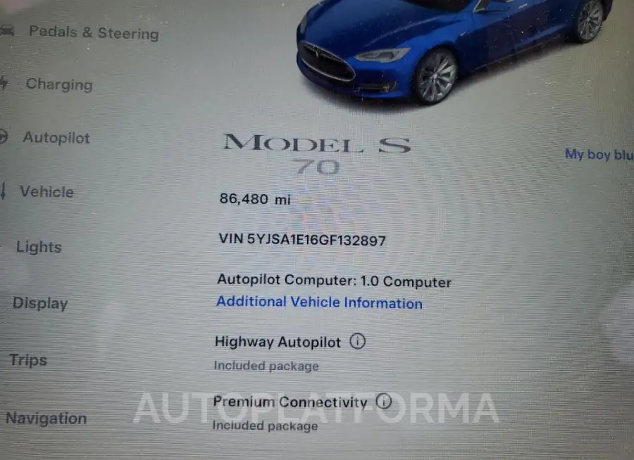 TESLA MODEL S 2016 vin 5YJSA1E16GF132897 from auto auction Copart