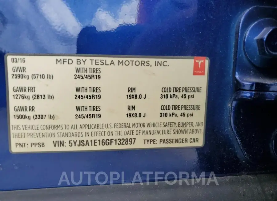 TESLA MODEL S 2016 vin 5YJSA1E16GF132897 from auto auction Copart