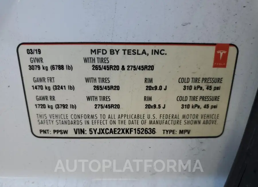 TESLA MODEL X 2019 vin 5YJXCAE2XKF152636 from auto auction Copart