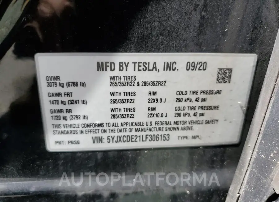 TESLA MODEL X 2020 vin 5YJXCDE21LF306153 from auto auction Copart