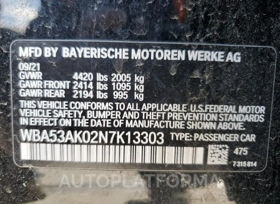 BMW 228I 2022 vin WBA53AK02N7K13303 from auto auction Copart