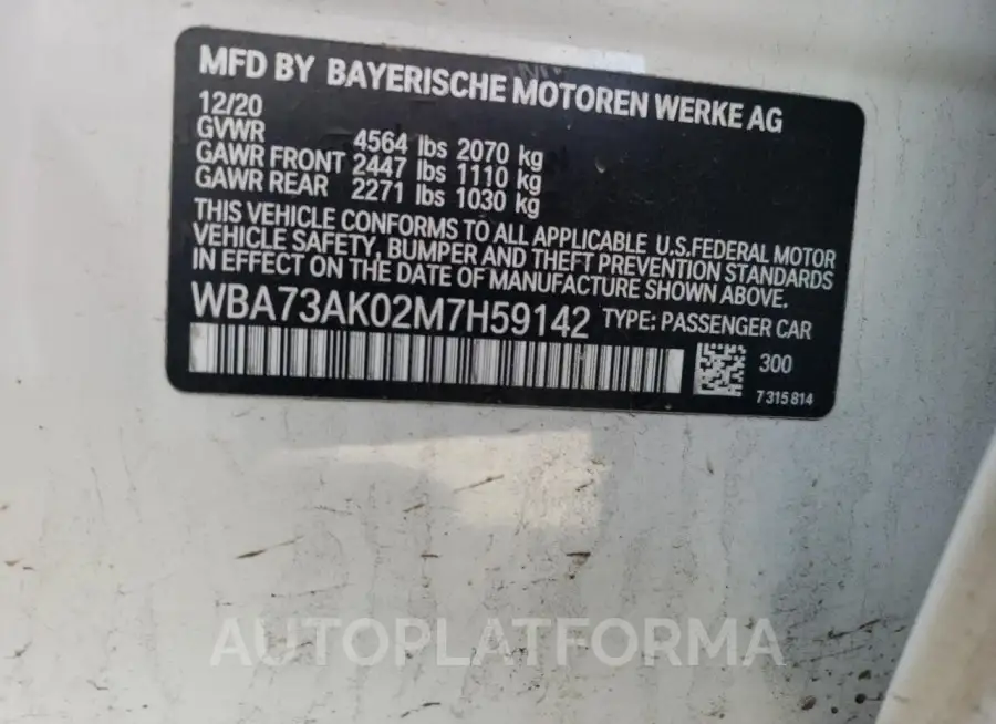 BMW 228XI 2021 vin WBA73AK02M7H59142 from auto auction Copart