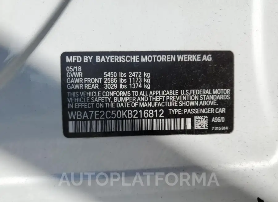 BMW 740 I 2019 vin WBA7E2C50KB216812 from auto auction Copart