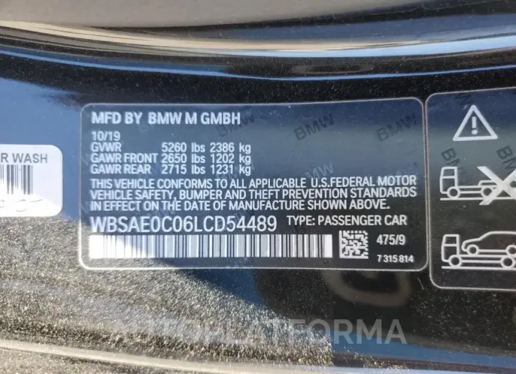 BMW M8 2020 vin WBSAE0C06LCD54489 from auto auction Copart