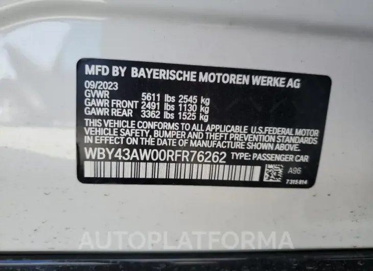 BMW I4 EDRIVE3 2024 vin WBY43AW00RFR76262 from auto auction Copart