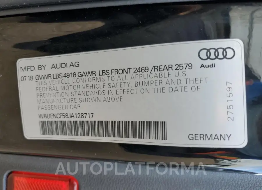 AUDI A5 PREMIUM 2018 vin WAUENCF58JA128717 from auto auction Copart