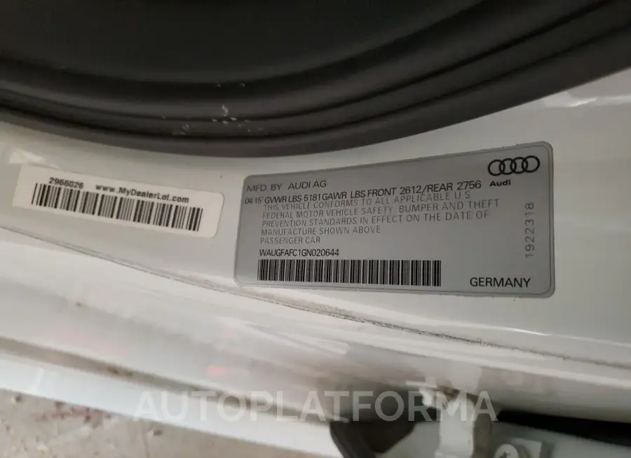 AUDI A6 PREMIUM 2016 vin WAUGFAFC1GN020644 from auto auction Copart