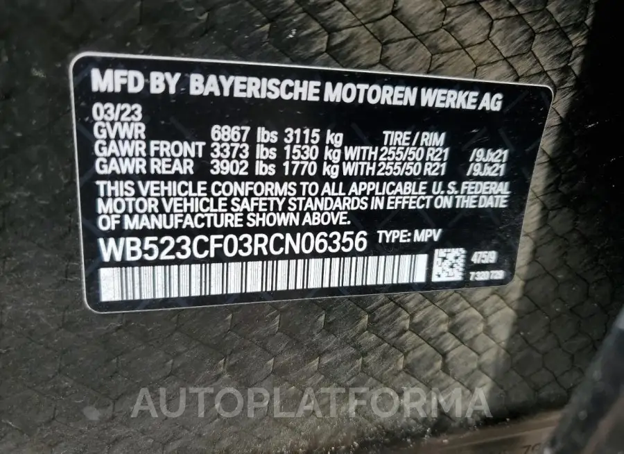 BMW IX XDRIVE5 2024 vin WB523CF03RCN06356 from auto auction Copart