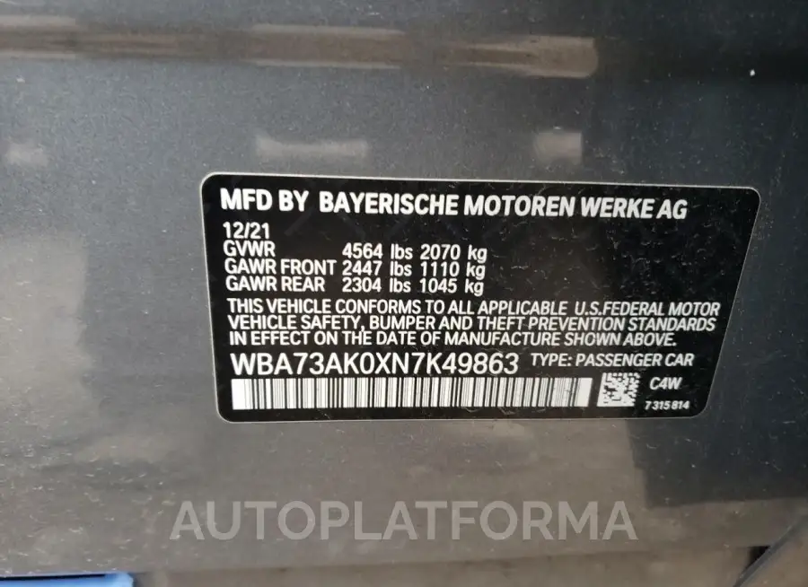 BMW 228XI 2022 vin WBA73AK0XN7K49863 from auto auction Copart