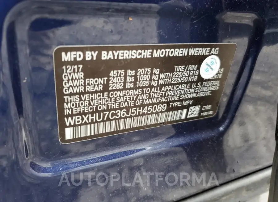 BMW X1 SDRIVE2 2018 vin WBXHU7C36J5H45089 from auto auction Copart