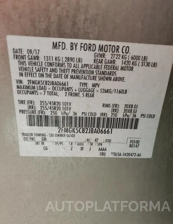 FORD FLEX SEL 2018 vin 2FMGK5C82JBA06661 from auto auction Copart