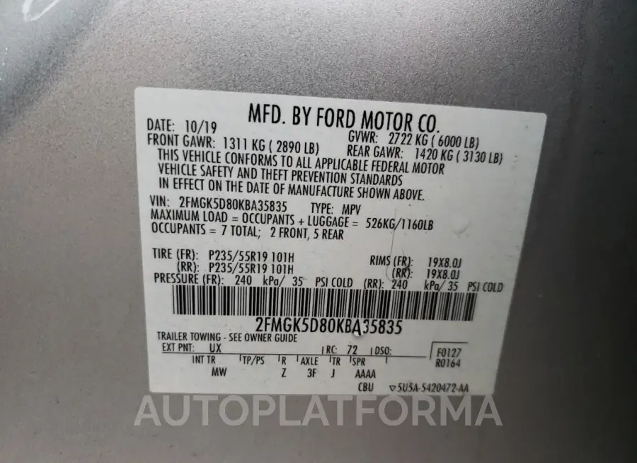 FORD FLEX LIMIT 2019 vin 2FMGK5D80KBA35835 from auto auction Copart