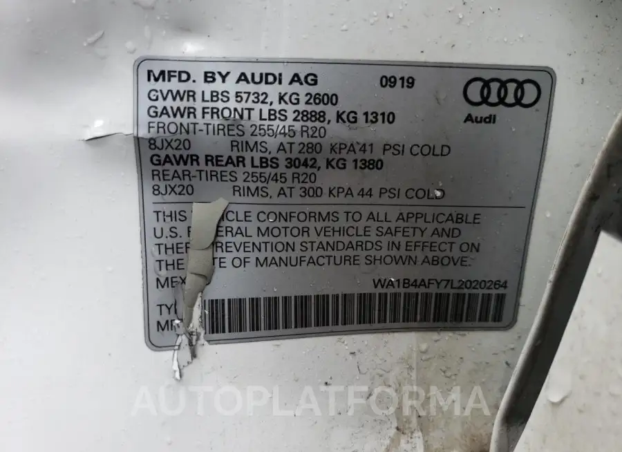 AUDI SQ5 PREMIU 2020 vin WA1B4AFY7L2020264 from auto auction Copart