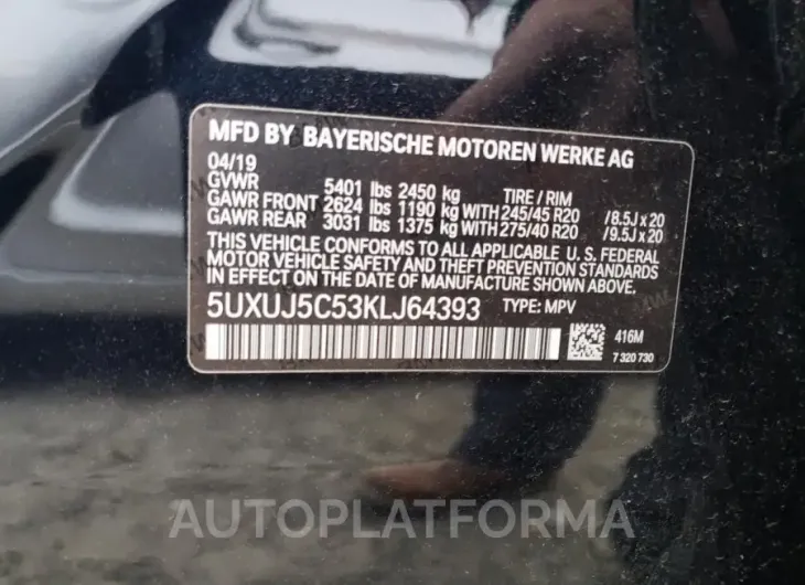 BMW X4 M40I 2019 vin 5UXUJ5C53KLJ64393 from auto auction Copart