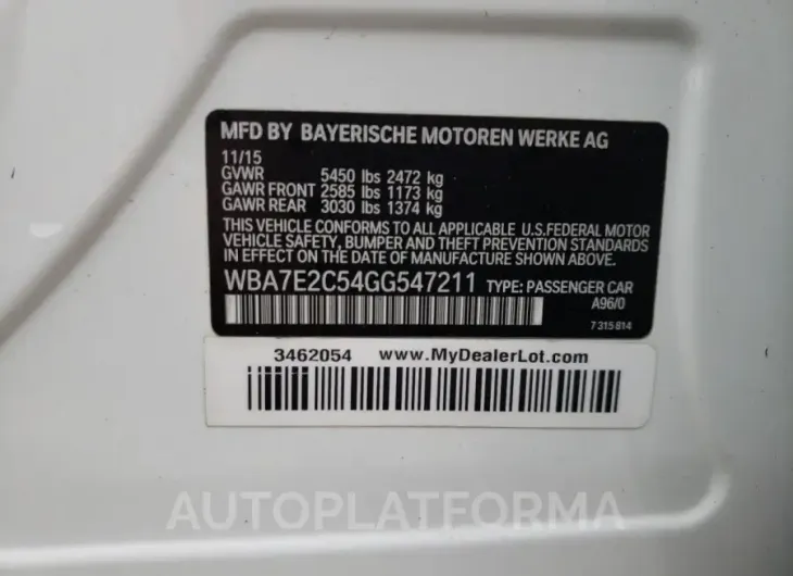 BMW 740 I 2016 vin WBA7E2C54GG547211 from auto auction Copart