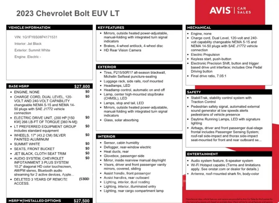 CHEVROLET BOLT EUV L 2023 vin 1G1FY6S08P4171531 from auto auction Copart