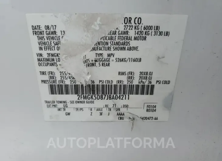 FORD FLEX LIMIT 2018 vin 2FMGK5D87JBA04211 from auto auction Copart