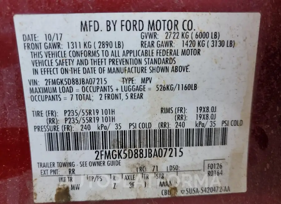 FORD FLEX LIMIT 2018 vin 2FMGK5D88JBA07215 from auto auction Copart