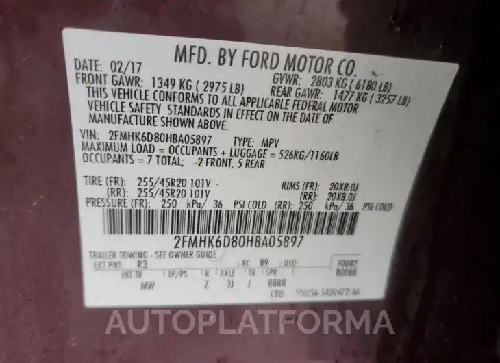 FORD FLEX LIMIT 2017 vin 2FMHK6D80HBA05897 from auto auction Copart