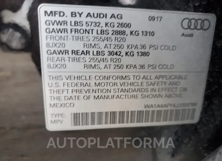 AUDI SQ5 PREMIU 2018 vin WA1A4AFY4J2058799 from auto auction Copart