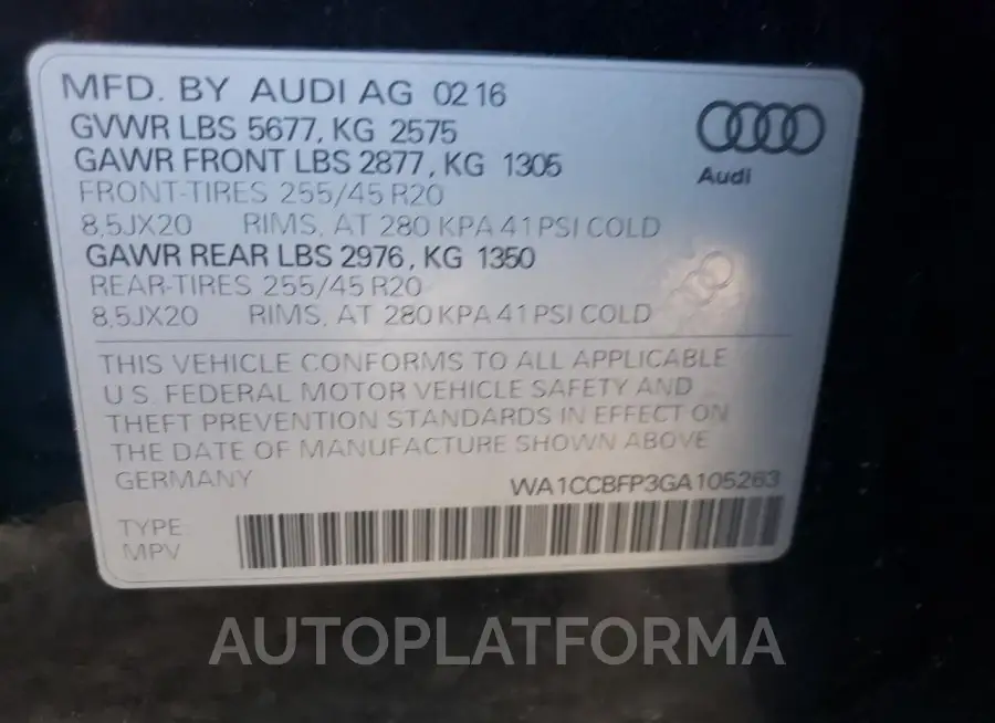 AUDI SQ5 PREMIU 2016 vin WA1CCBFP3GA105263 from auto auction Copart