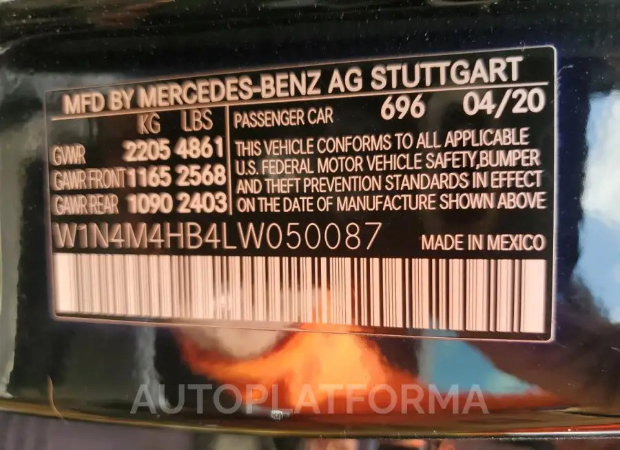 MERCEDES-BENZ GLB 250 4M 2020 vin W1N4M4HB4LW050087 from auto auction Copart