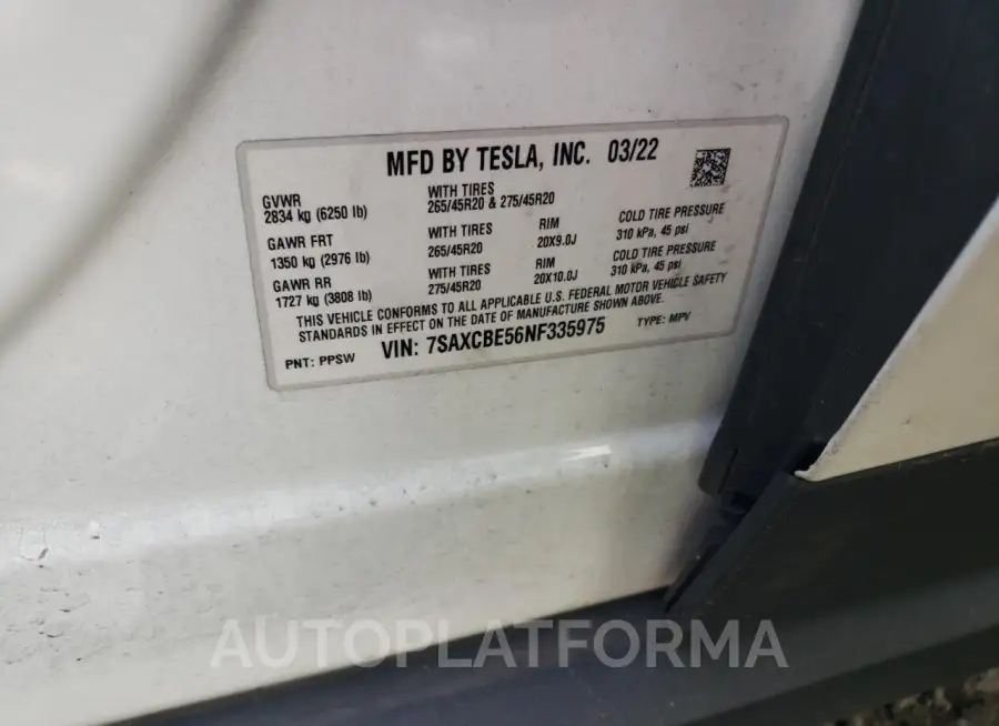 TESLA MODEL X 2022 vin 7SAXCBE56NF335975 from auto auction Copart