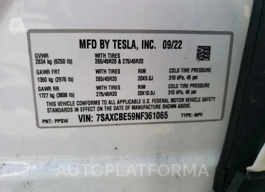 TESLA MODEL X 2022 vin 7SAXCBE59NF361065 from auto auction Copart