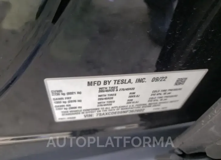 TESLA MODEL X 2022 vin 7SAXCDE59NF362602 from auto auction Copart