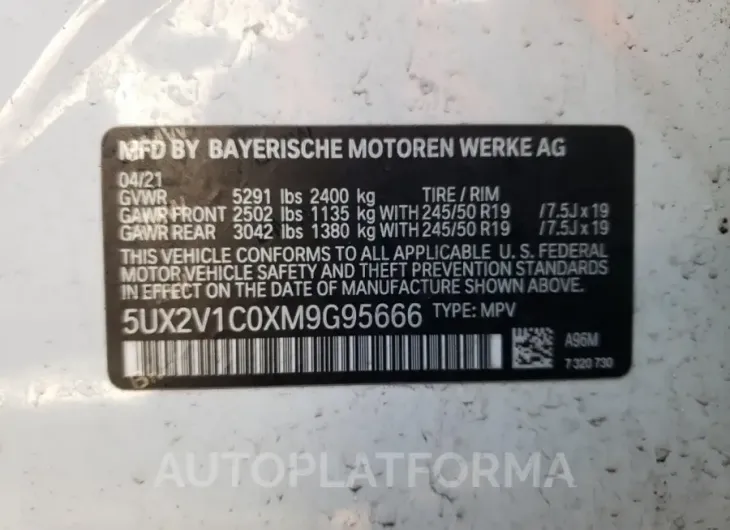 BMW X4 XDRIVE3 2021 vin 5UX2V1C0XM9G95666 from auto auction Copart