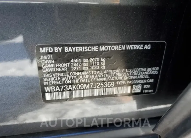 BMW 228XI 2021 vin WBA73AK09M7J25369 from auto auction Copart