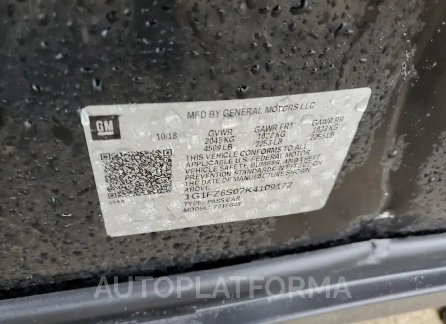 CHEVROLET BOLT EV PR 2019 vin 1G1FZ6S07K4109172 from auto auction Copart