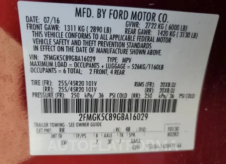 FORD FLEX SEL 2016 vin 2FMGK5C89GBA16029 from auto auction Copart